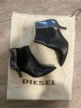 Diesel Black Ankle Booties with Shiny Gunmetal Heel Accent